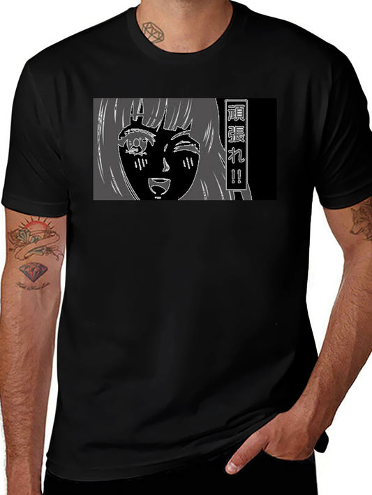 Anime Girl Graphic Tee - Black Cotton T-Shirt