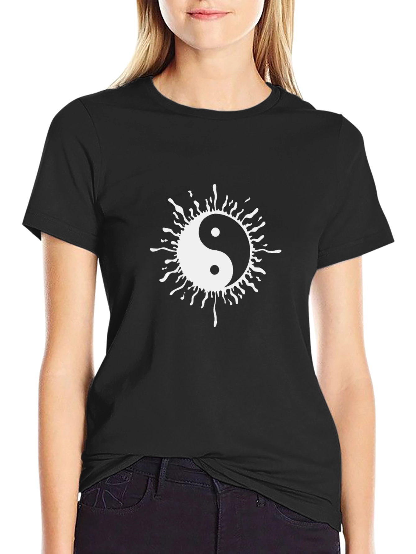 Yin Yang Sun Graphic Tee - Black Cotton T-Shirt