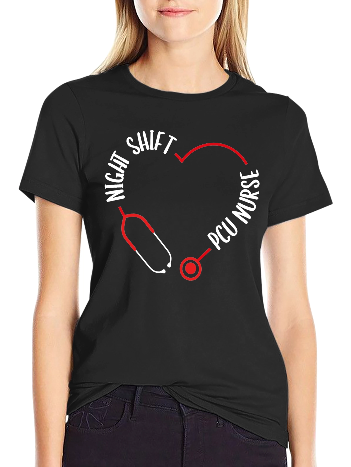 Night Shift PCU Nurse Stethoscope Heart T-Shirt