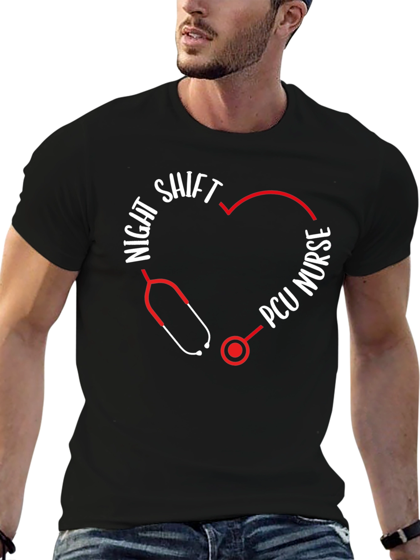Night Shift PCU Nurse Stethoscope Heart T-Shirt