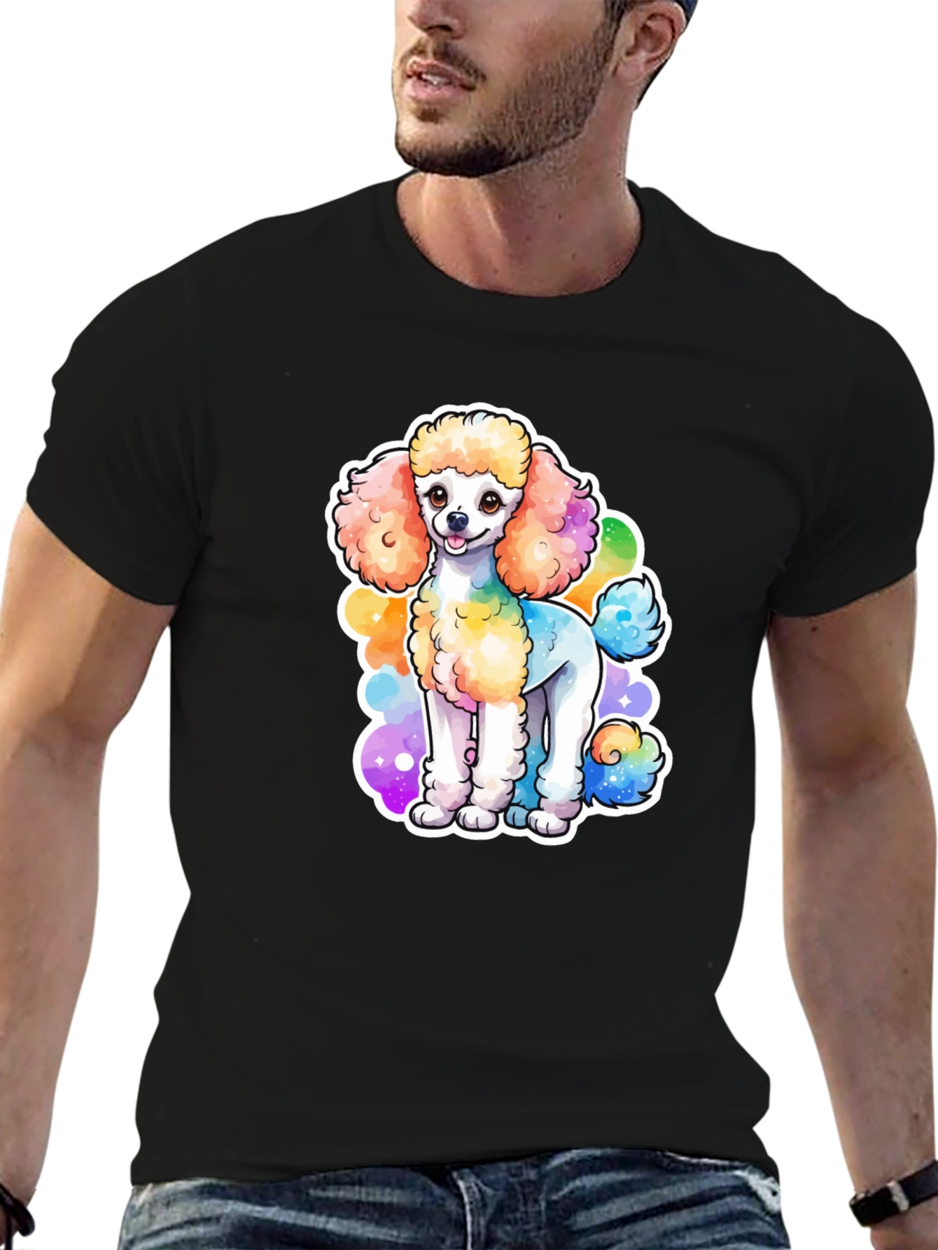 Rainbow Poodle Graphic Black T-Shirt