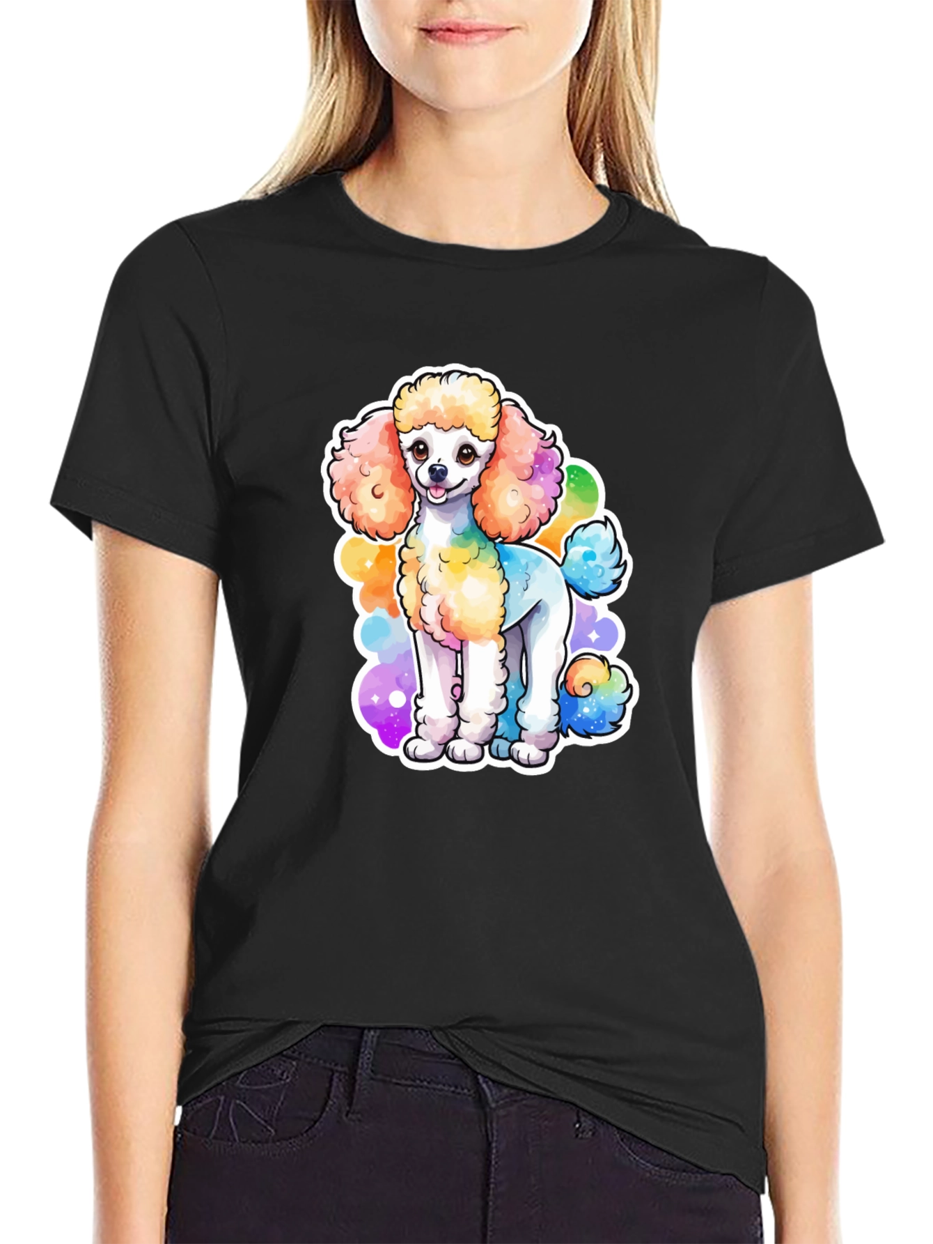 Rainbow Poodle Graphic Black T-Shirt
