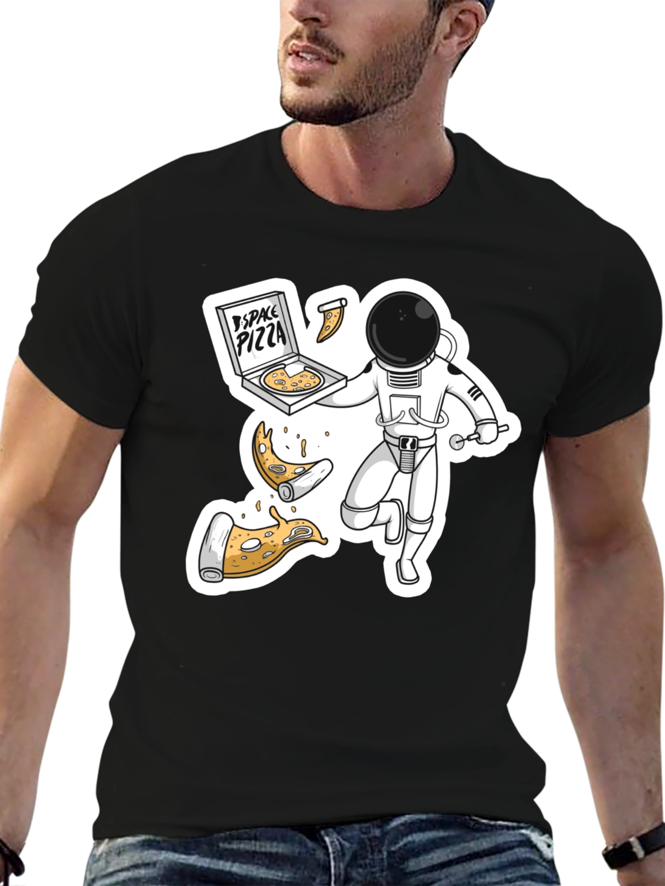 Space Pizza Black T-Shirt - Astronaut Delivery!