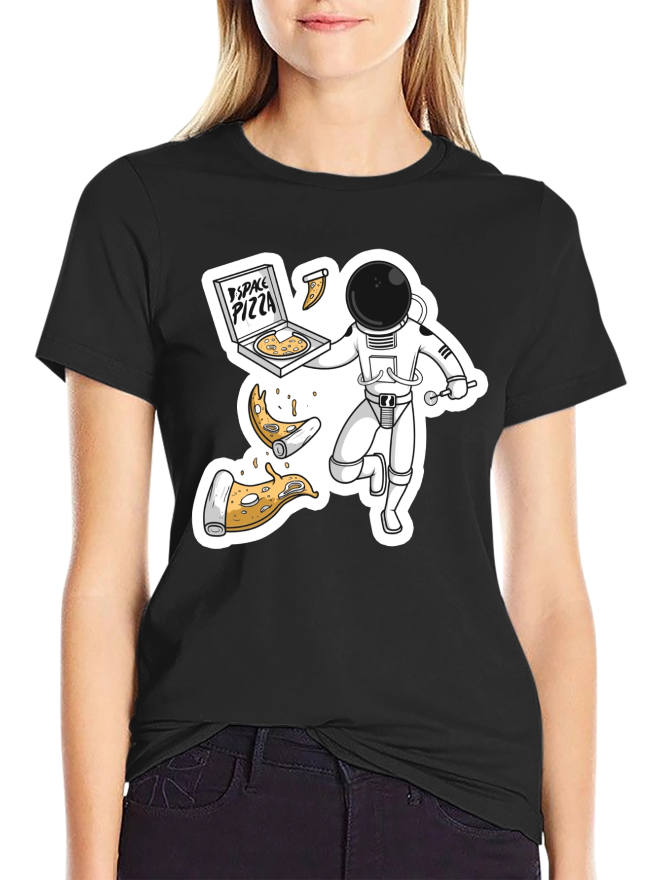 Space Pizza Black T-Shirt - Astronaut Delivery!