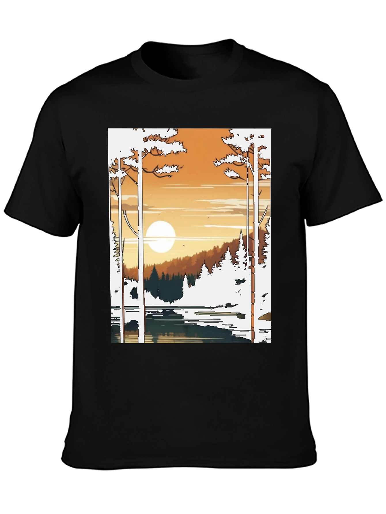 Nature Scene Graphic Tee - Lake and Sunset Design