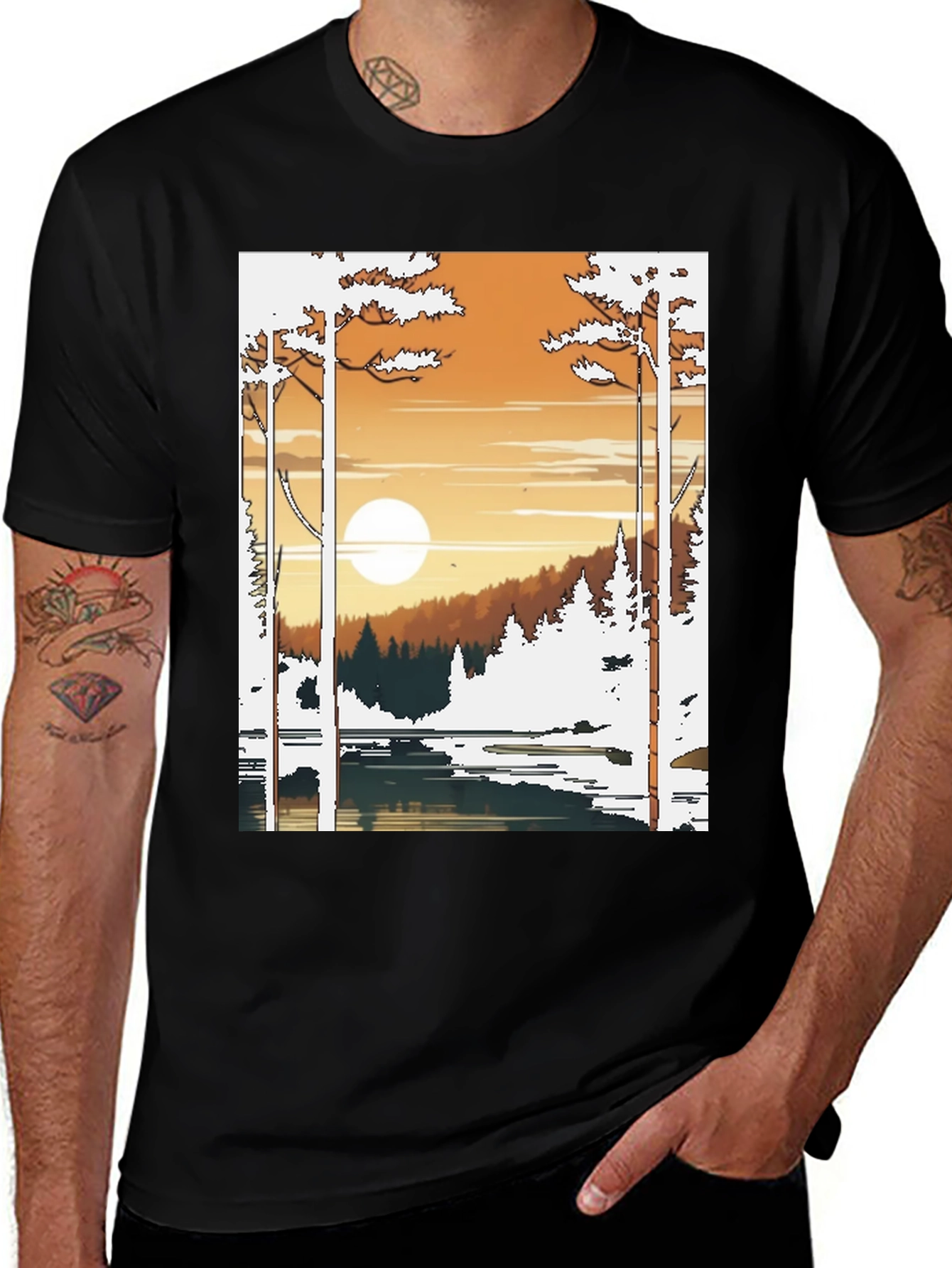 Nature Scene Graphic Tee - Lake and Sunset Design