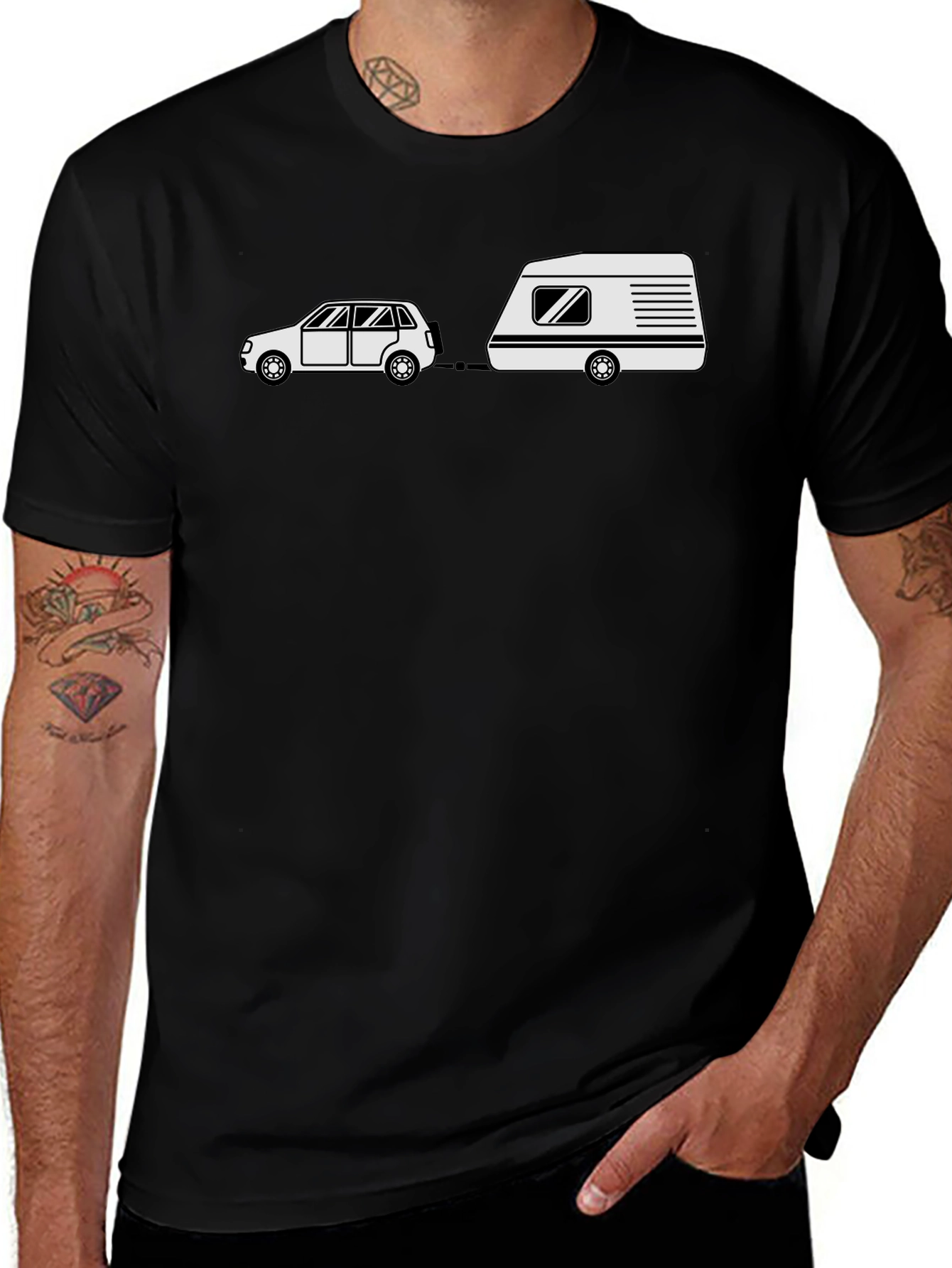 Cartoon Car & Camper Black T-Shirt