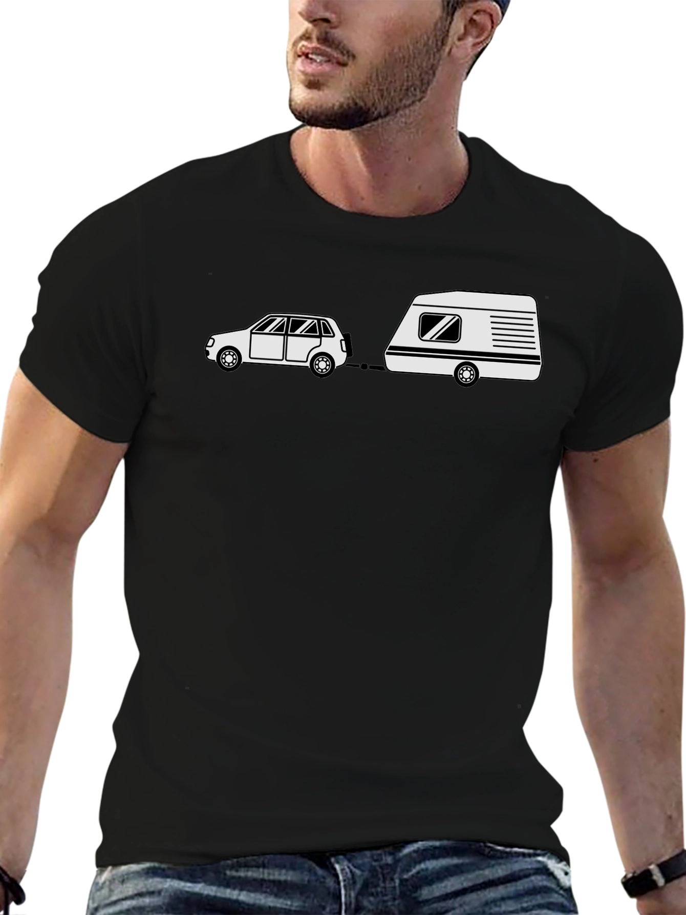 Cartoon Car & Camper Black T-Shirt