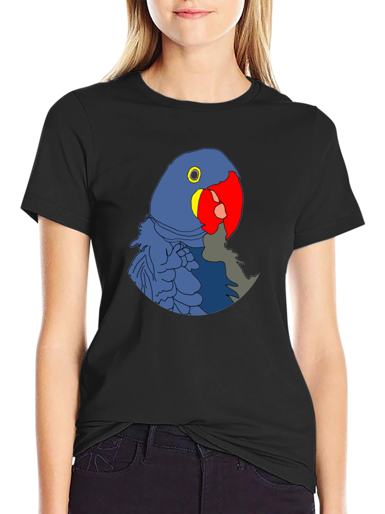 Blue Parrot Graphic Print Black T-Shirt