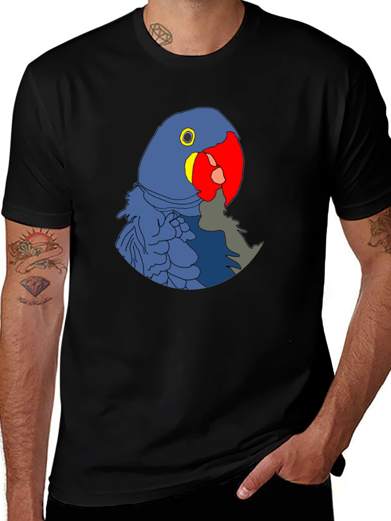 Blue Parrot Graphic Print Black T-Shirt