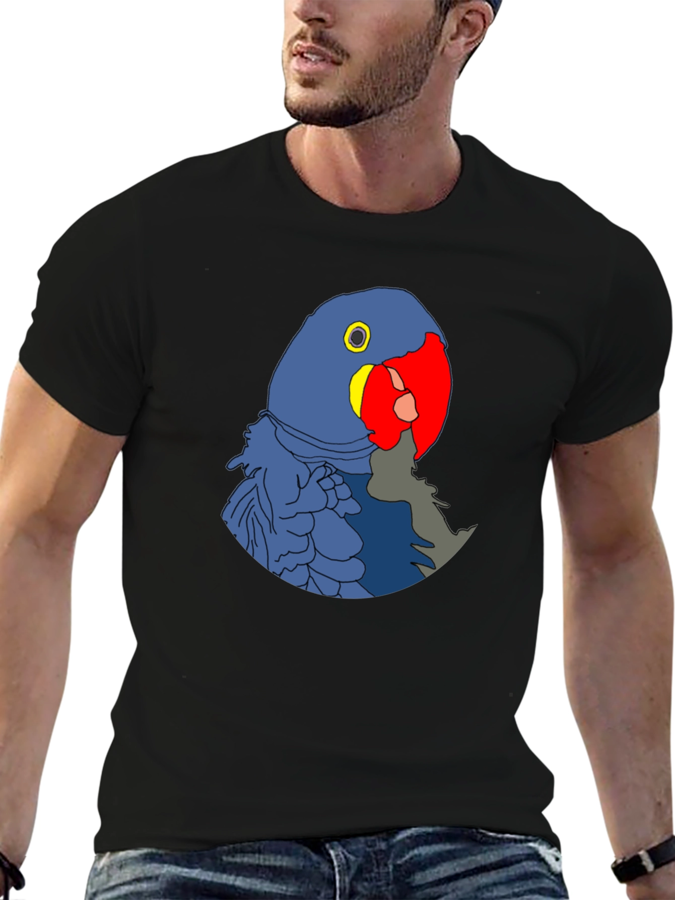 Blue Parrot Graphic Print Black T-Shirt
