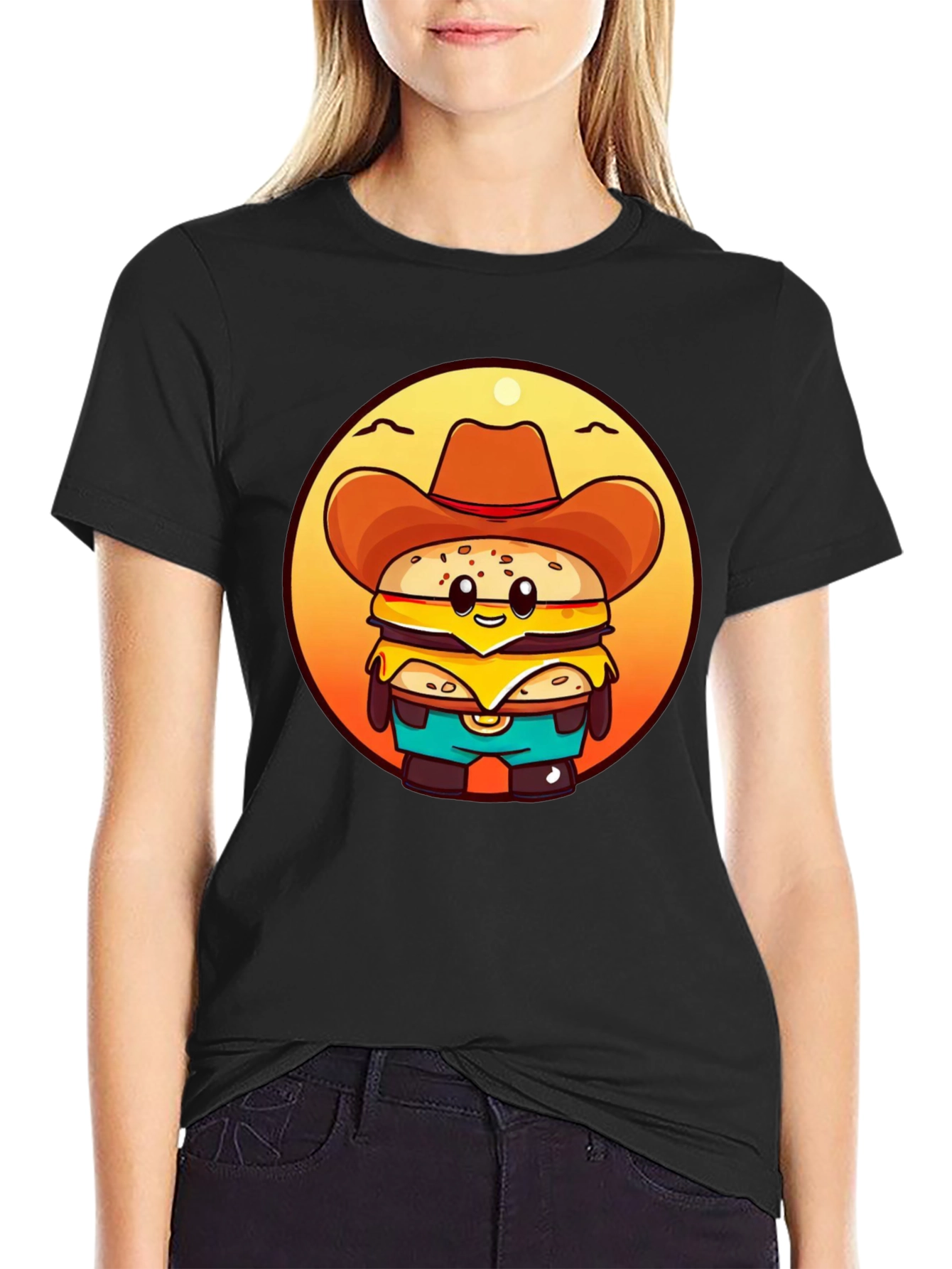Cowboy Burger Cartoon Graphic T-Shirt