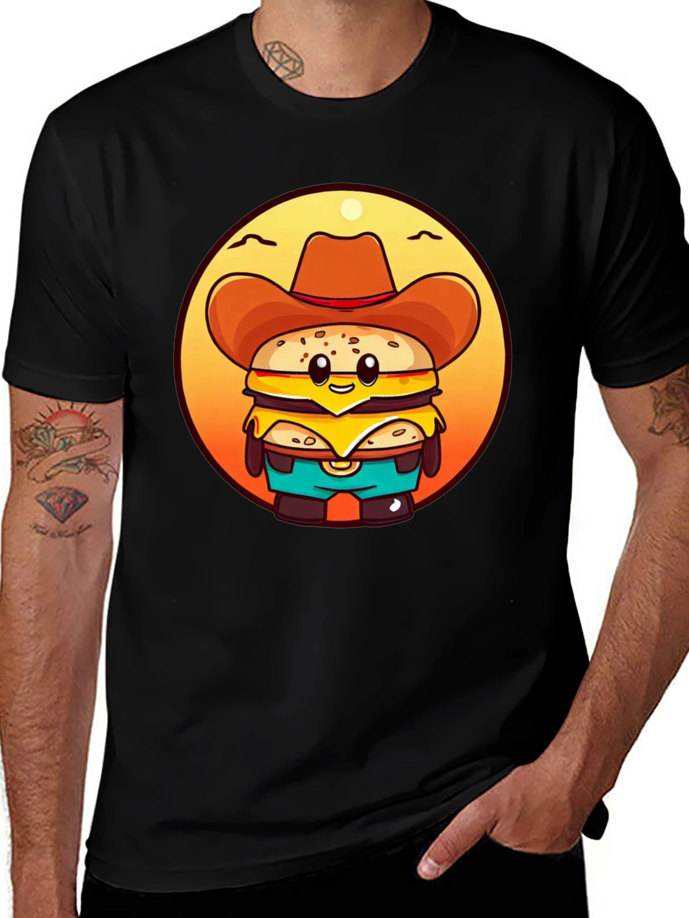 Cowboy Burger Cartoon Graphic T-Shirt