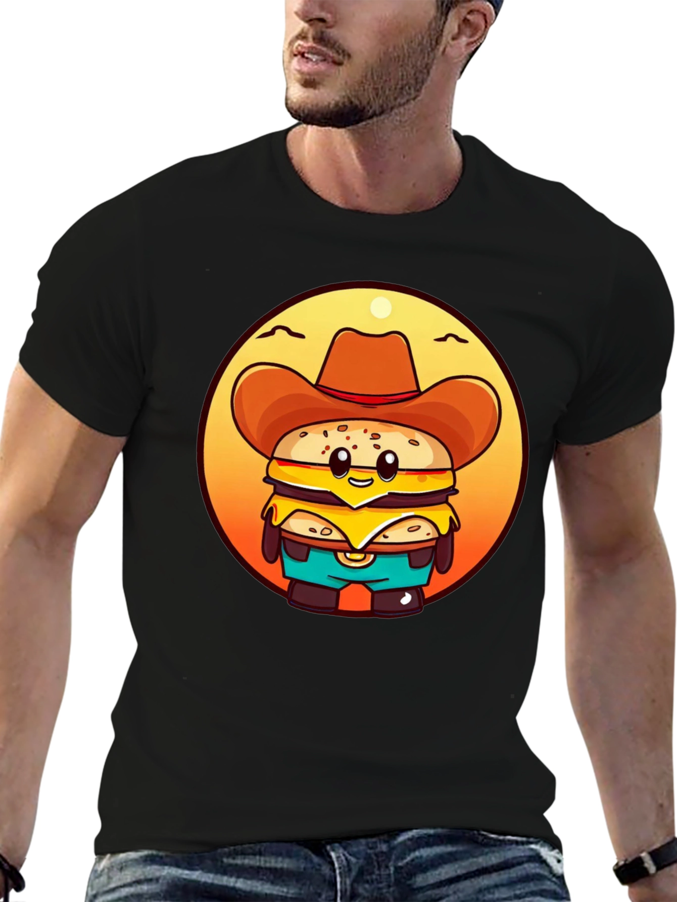 Cowboy Burger Cartoon Graphic T-Shirt