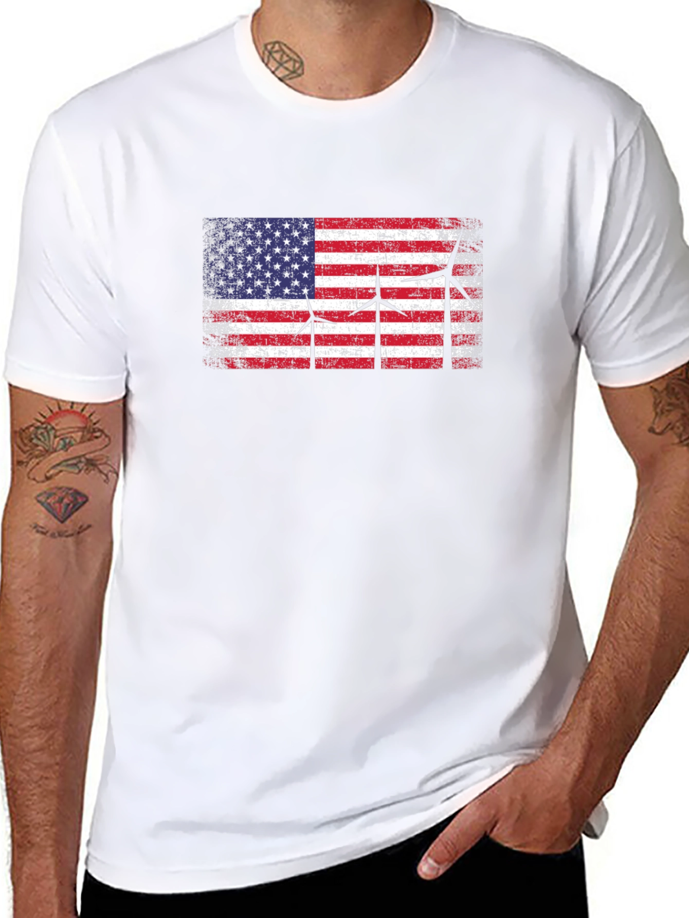 USA Flag Wind Turbine Graphic T-Shirt