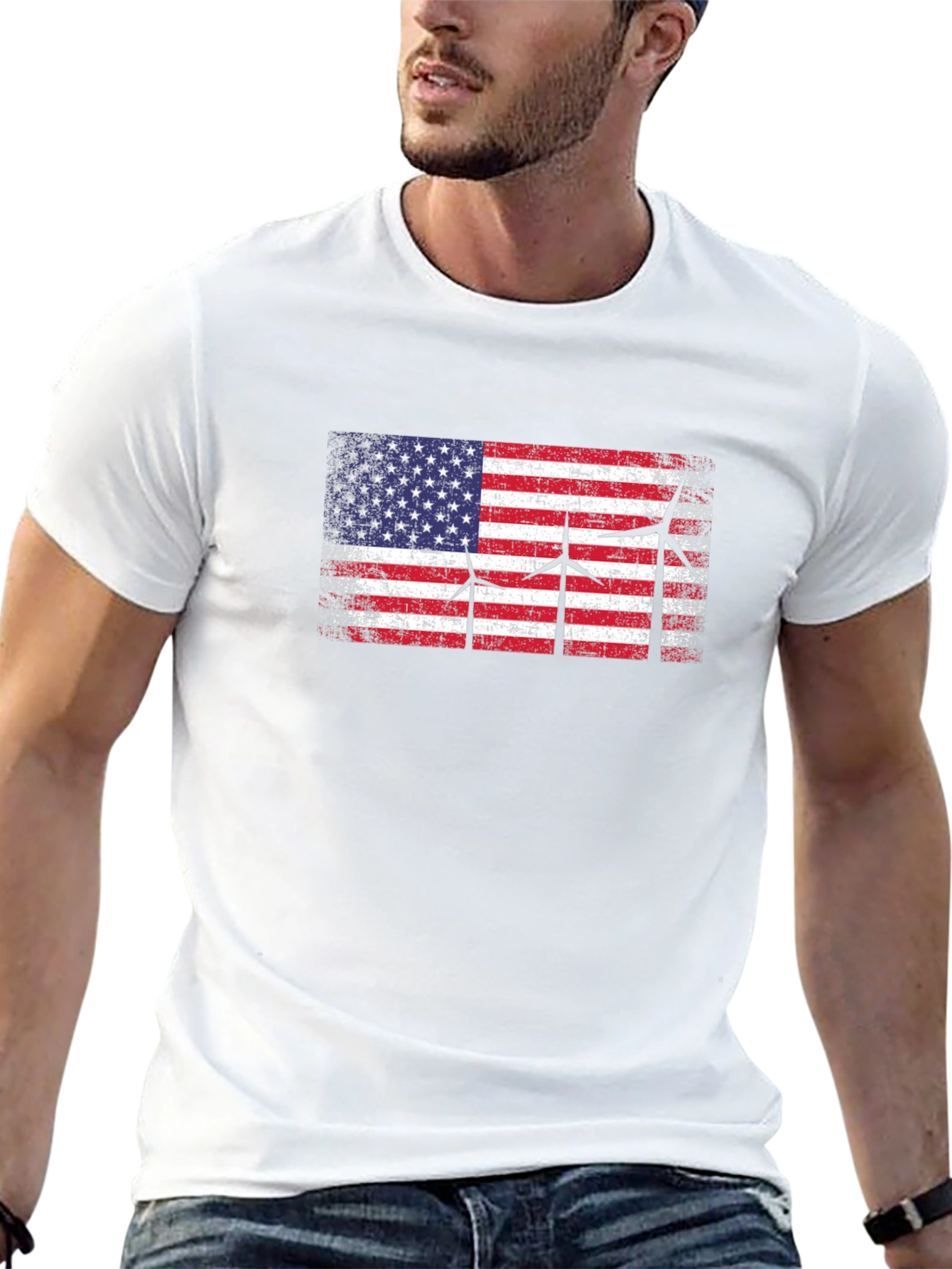 USA Flag Wind Turbine Graphic T-Shirt