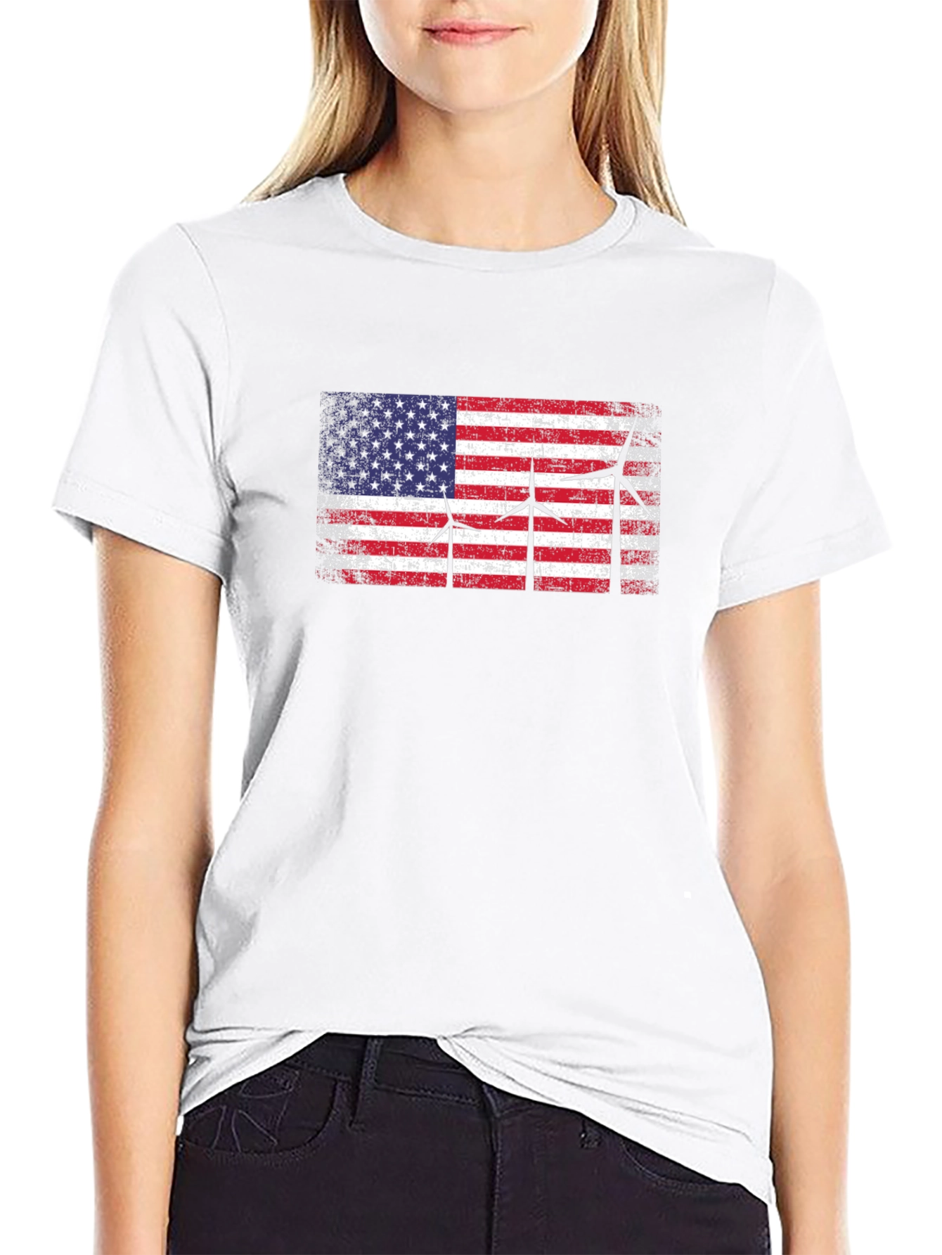 USA Flag Wind Turbine Graphic T-Shirt