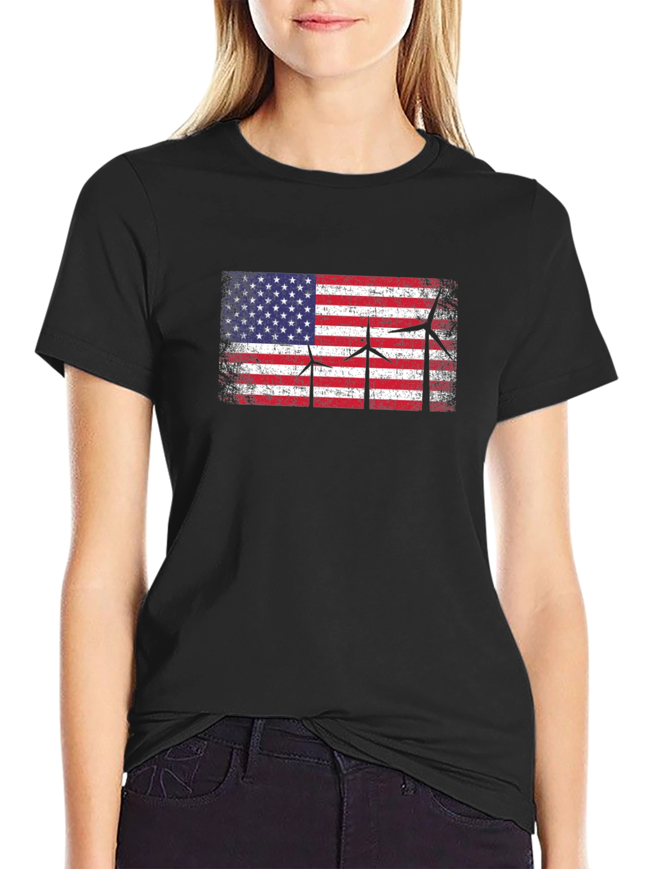USA Flag Wind Turbine Graphic T-Shirt