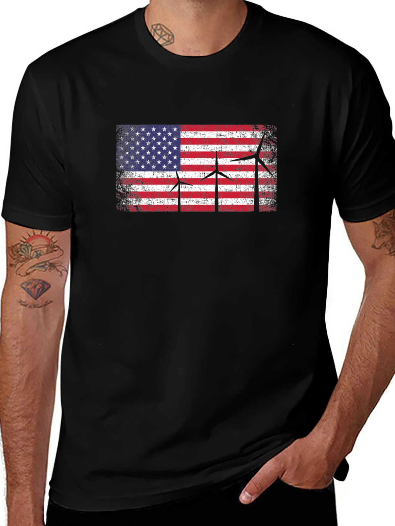 USA Flag Wind Turbine Graphic T-Shirt