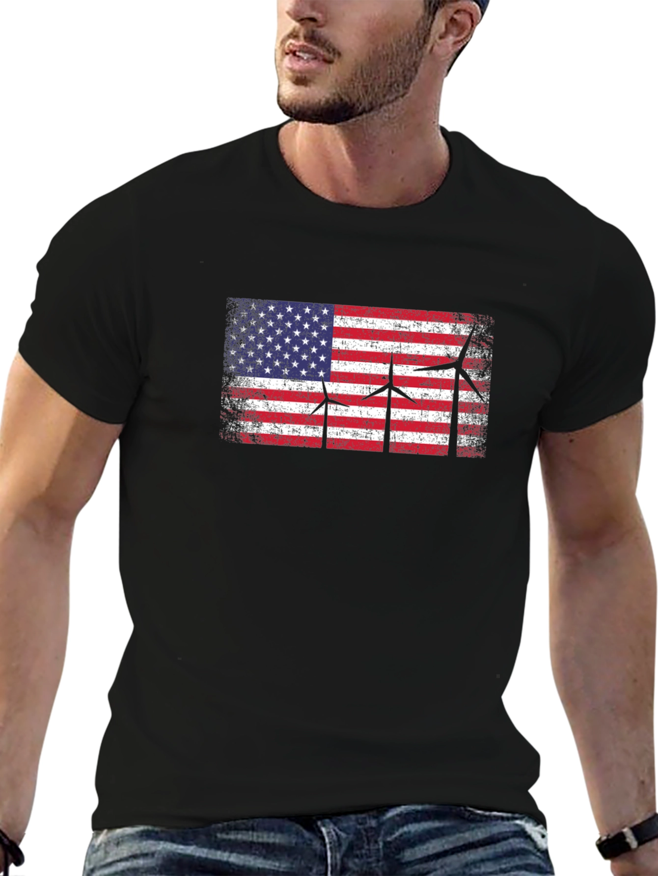 USA Flag Wind Turbine Graphic T-Shirt