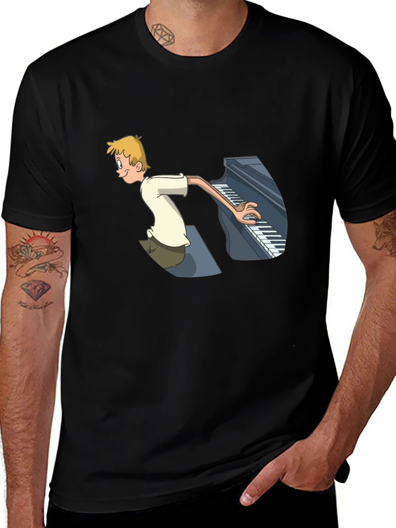 Piano Player Cartoon Graphic T-Shirt - Unique Design