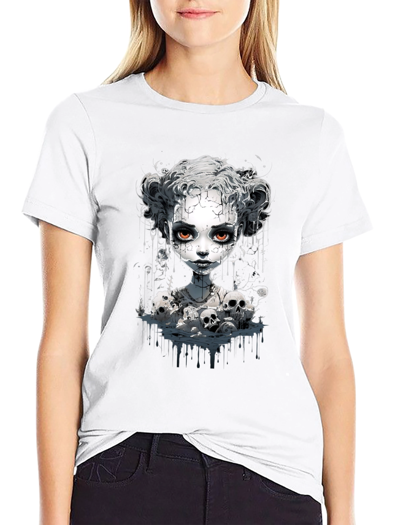 Creepy Doll & Skulls Graphic Black Tee