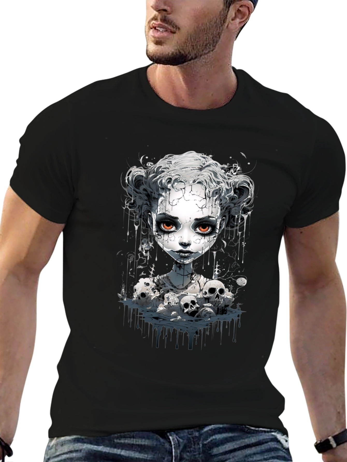 Creepy Doll & Skulls Graphic Black Tee