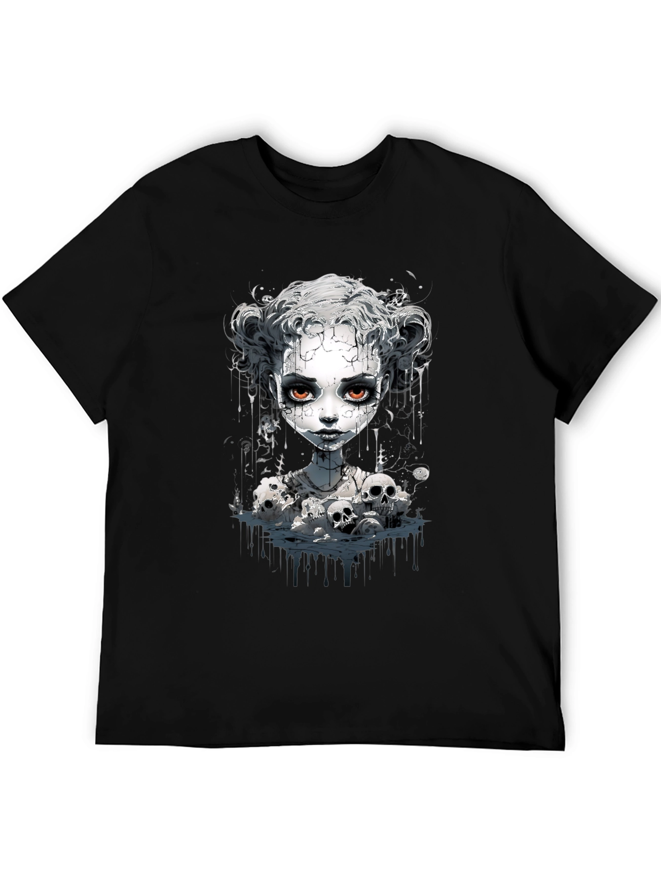 Creepy Doll & Skulls Graphic Black Tee