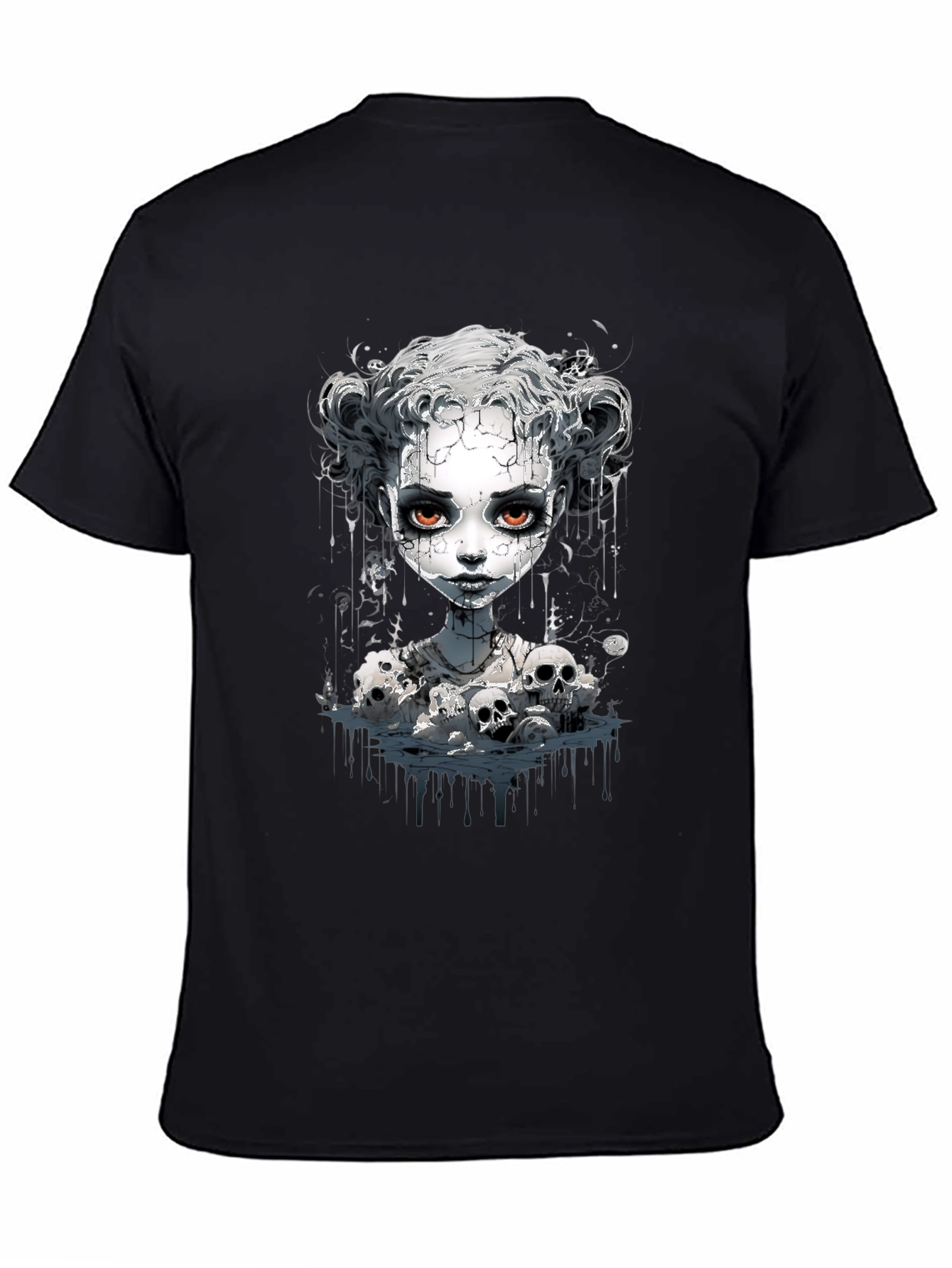 Creepy Doll & Skulls Graphic Black Tee