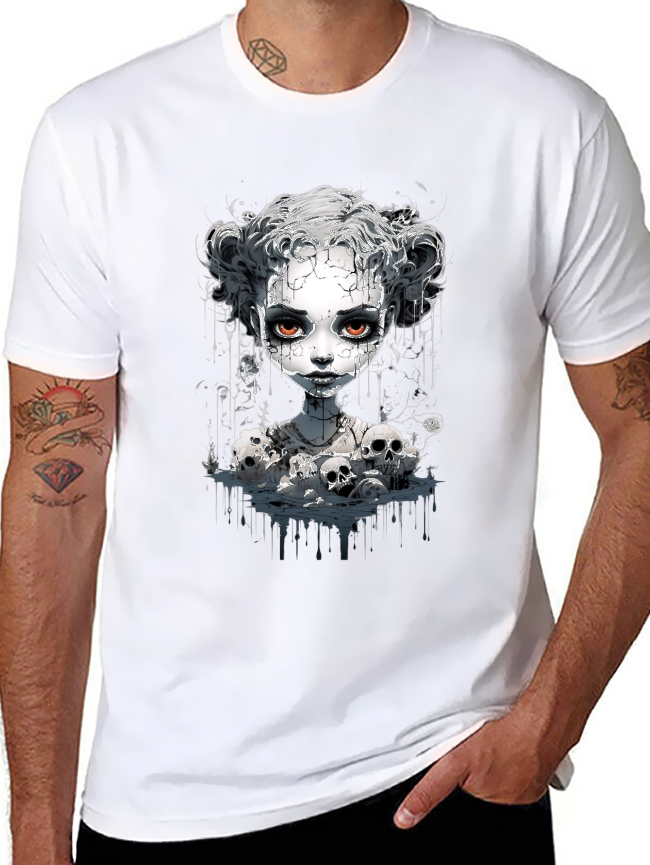 Creepy Doll & Skulls Graphic Black Tee