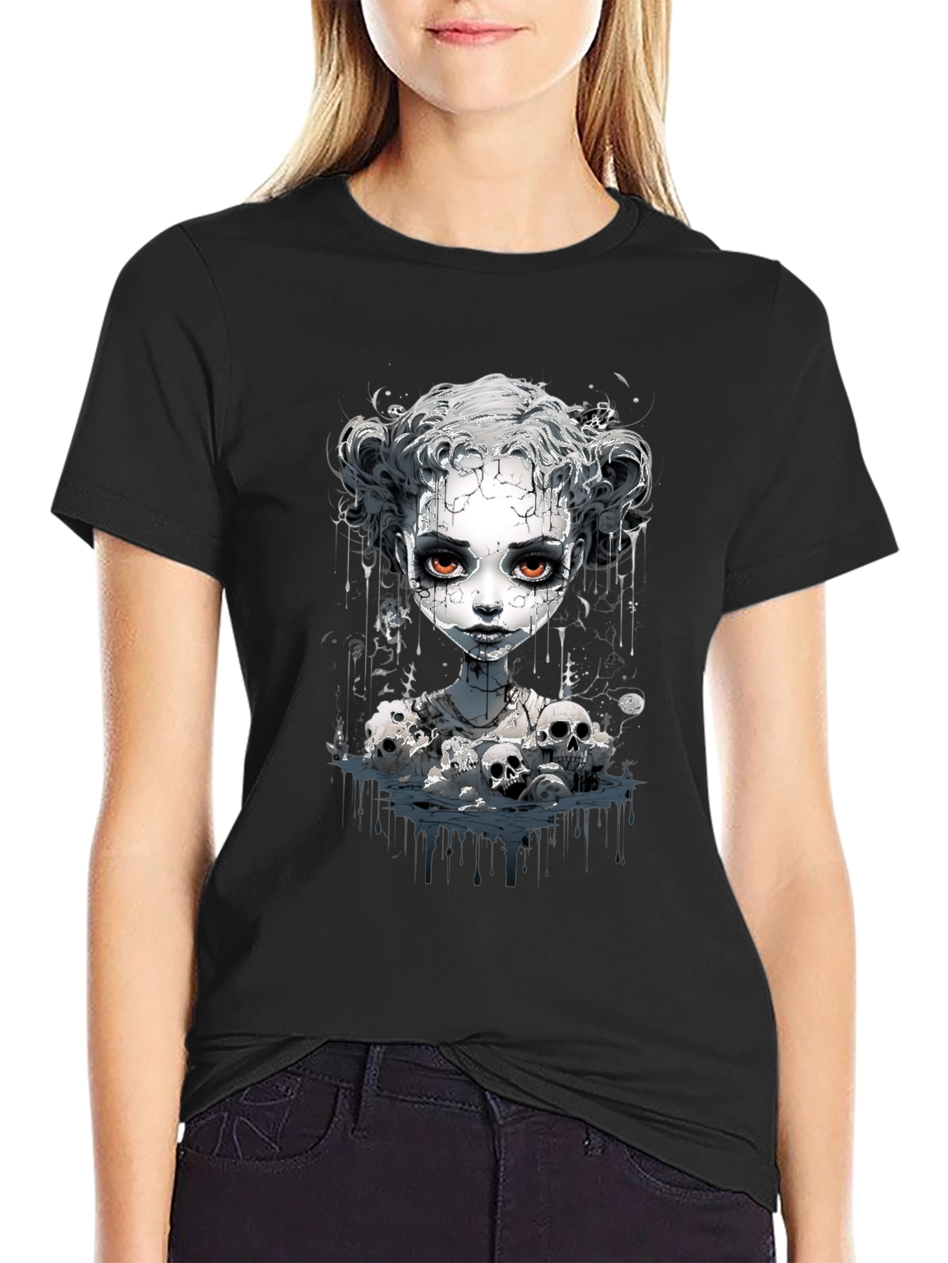 Creepy Doll & Skulls Graphic Black Tee