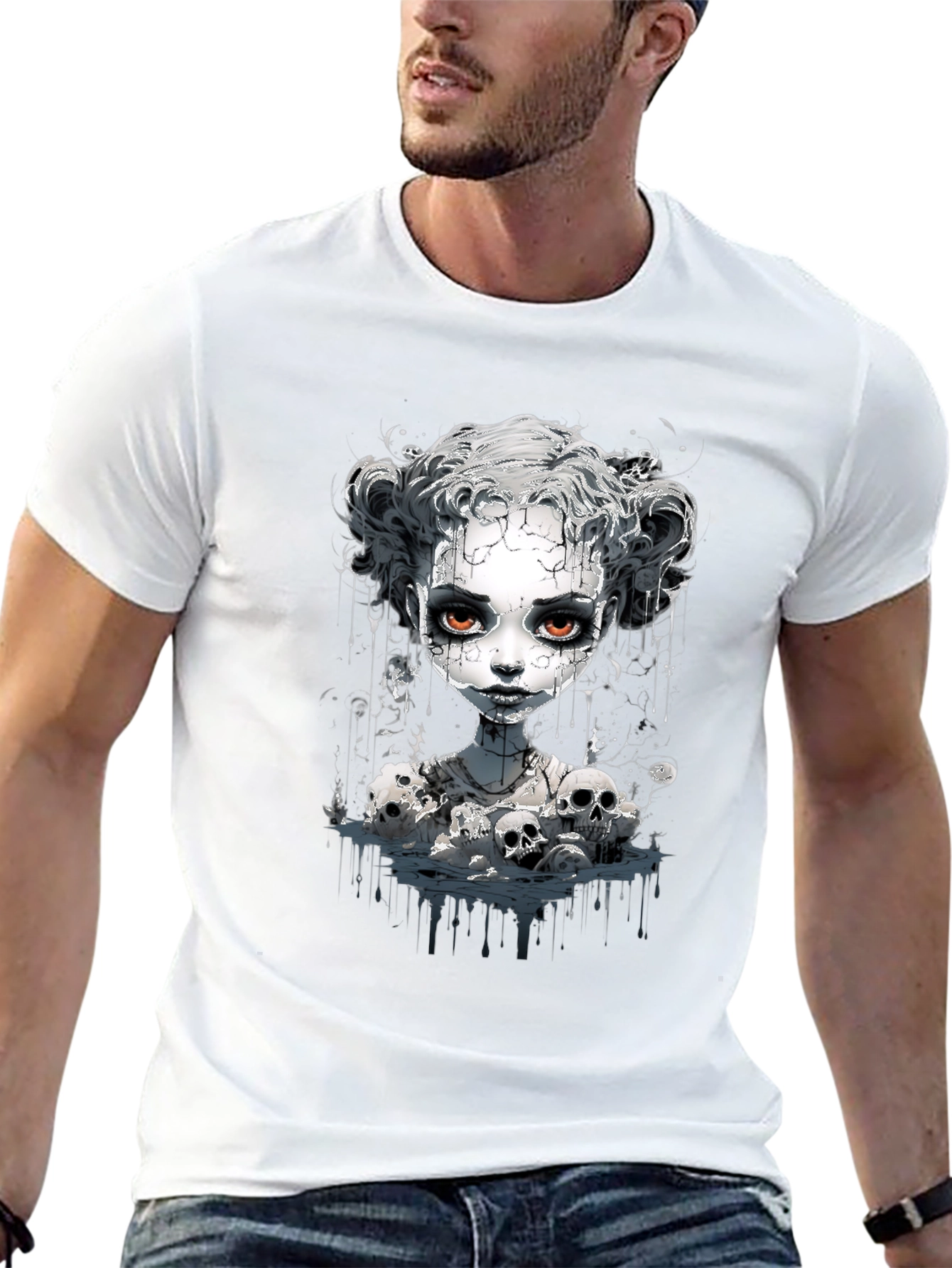 Creepy Doll & Skulls Graphic Black Tee