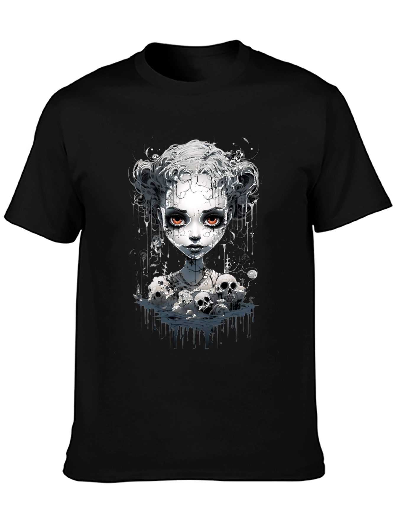 Creepy Doll & Skulls Graphic Black Tee