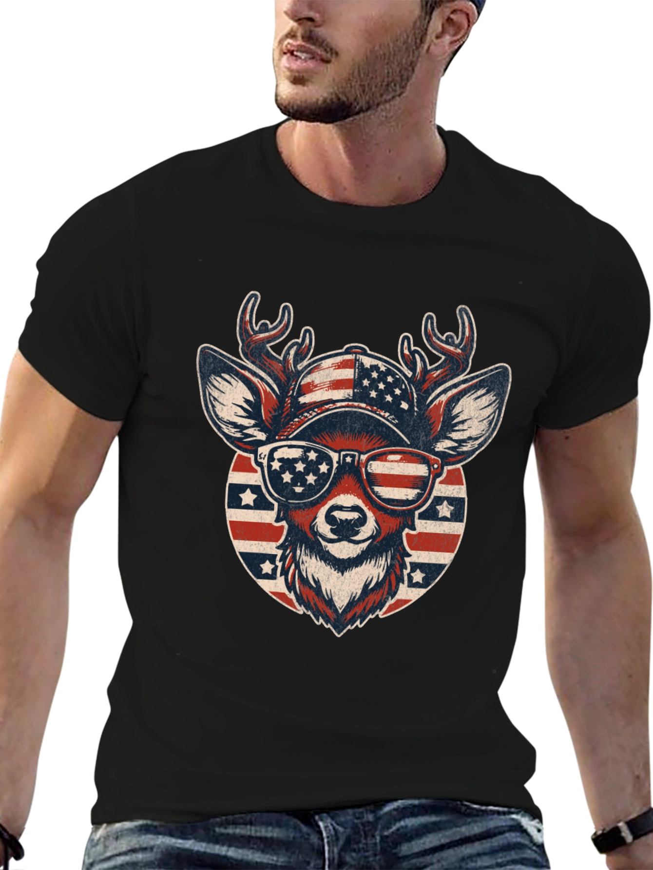 Patriotic Deer Graphic Tee - USA Pride