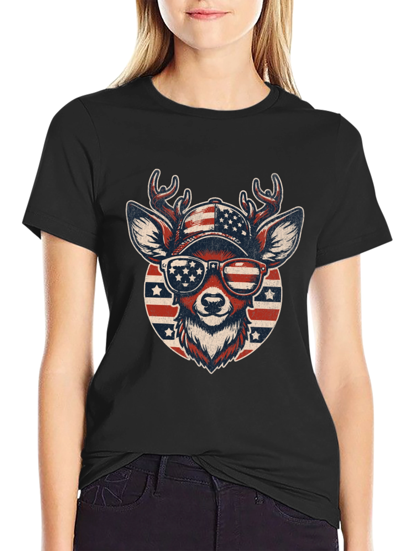 Patriotic Deer Graphic Tee - USA Pride