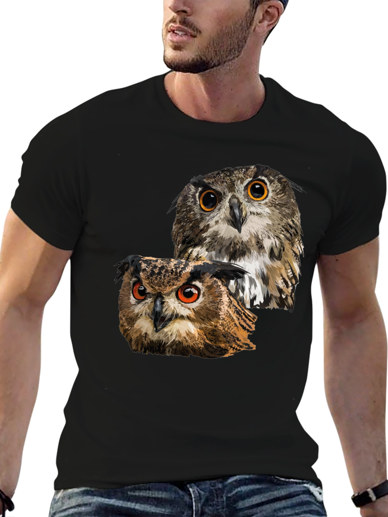 Owl Graphic T-Shirt - Mens Black Crew Neck Tee