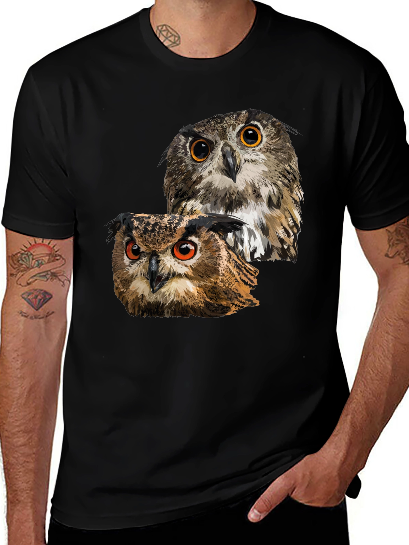 Owl Graphic T-Shirt - Mens Black Crew Neck Tee