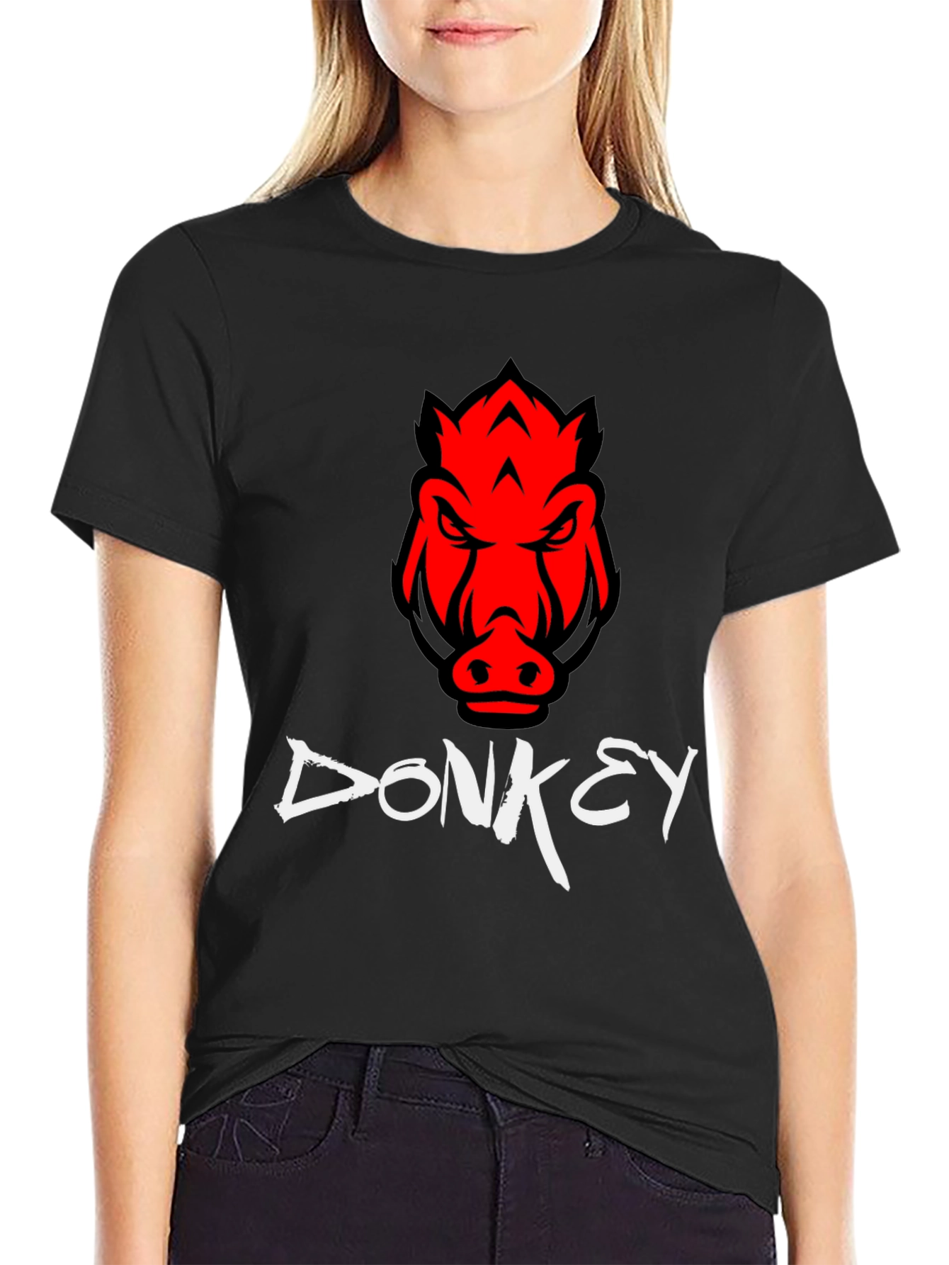 Mens Black Donkey T-Shirt with Red Boar Design
