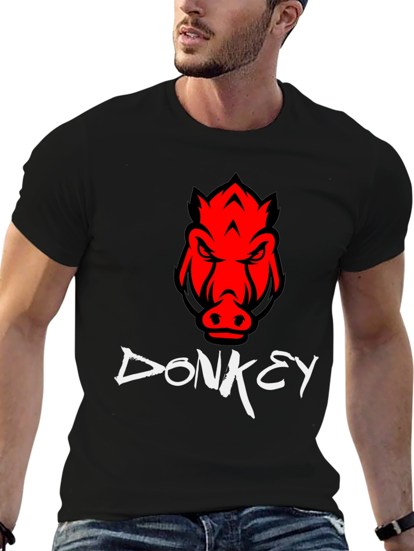Mens Black Donkey T-Shirt with Red Boar Design