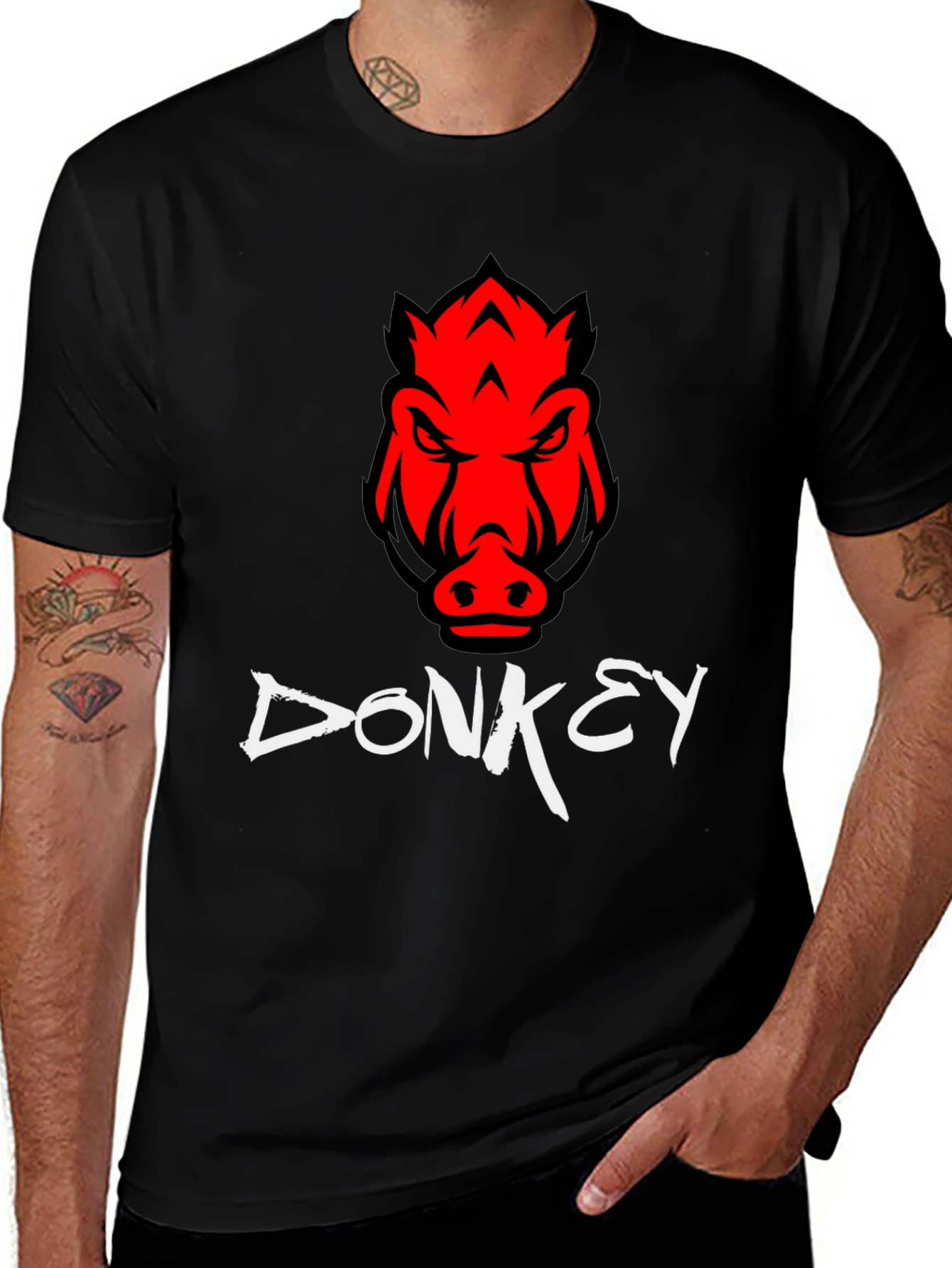 Mens Black Donkey T-Shirt with Red Boar Design