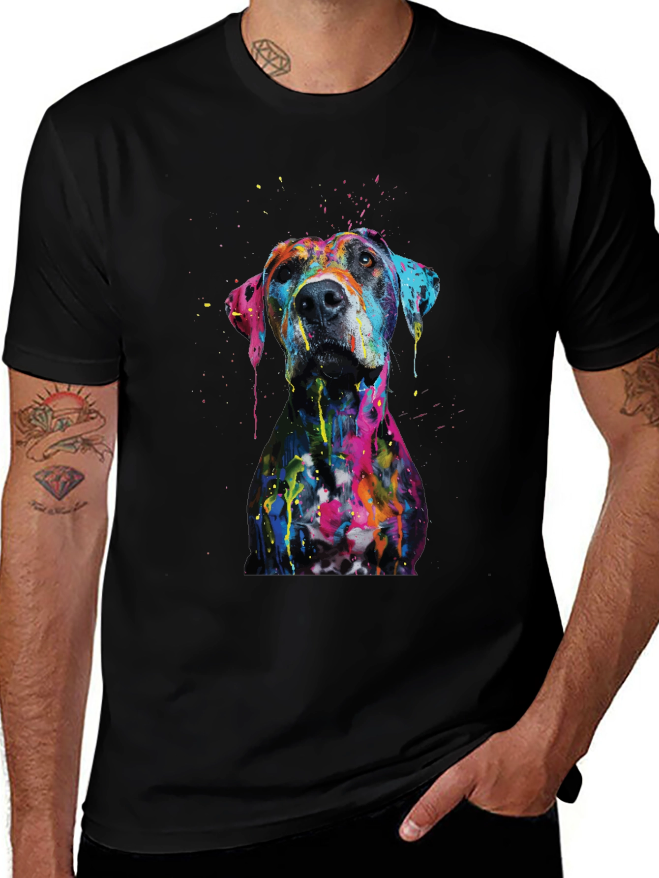 Mens Artistic Dog Print Black T-Shirt