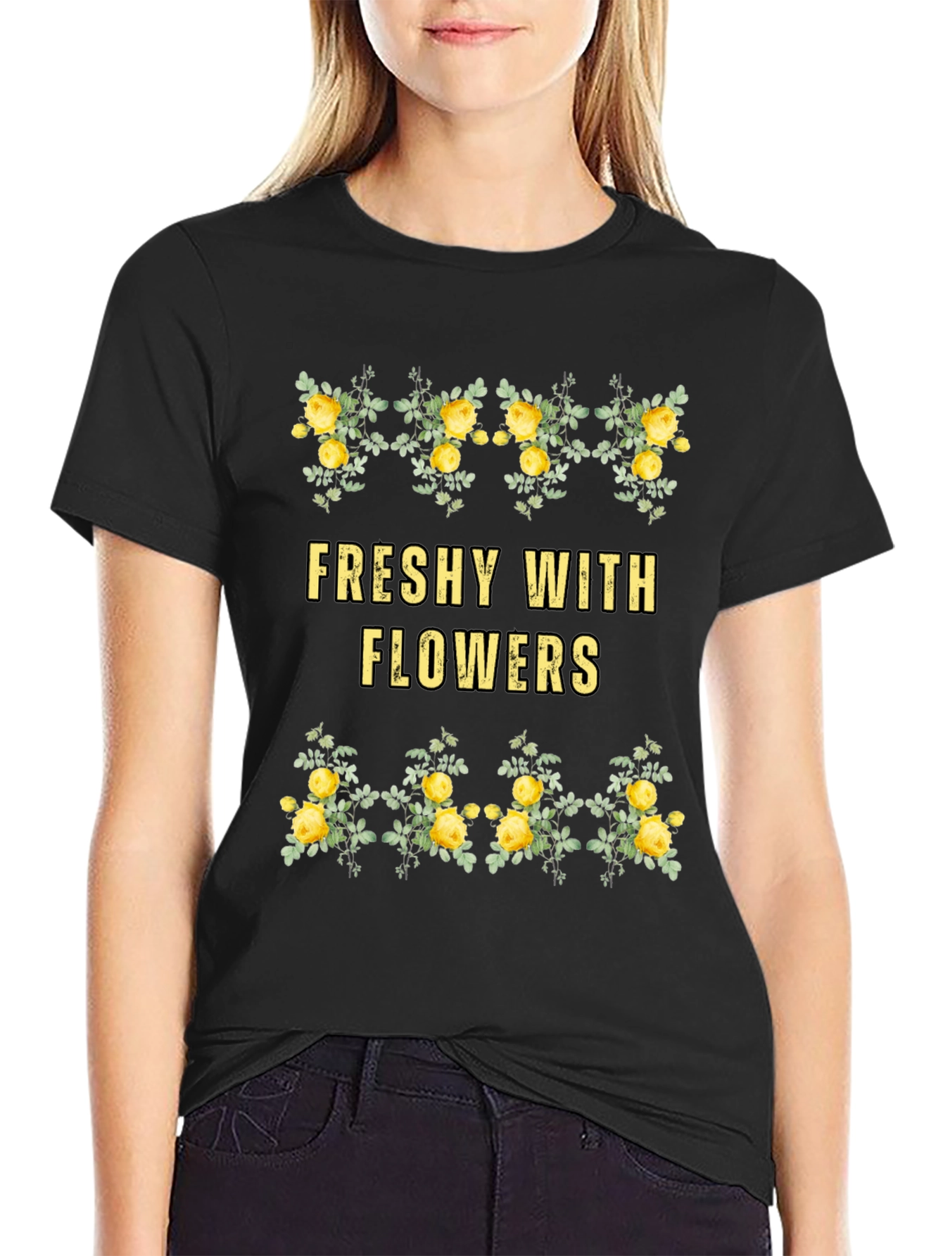 Freshy With Flowers Black Graphic Tee