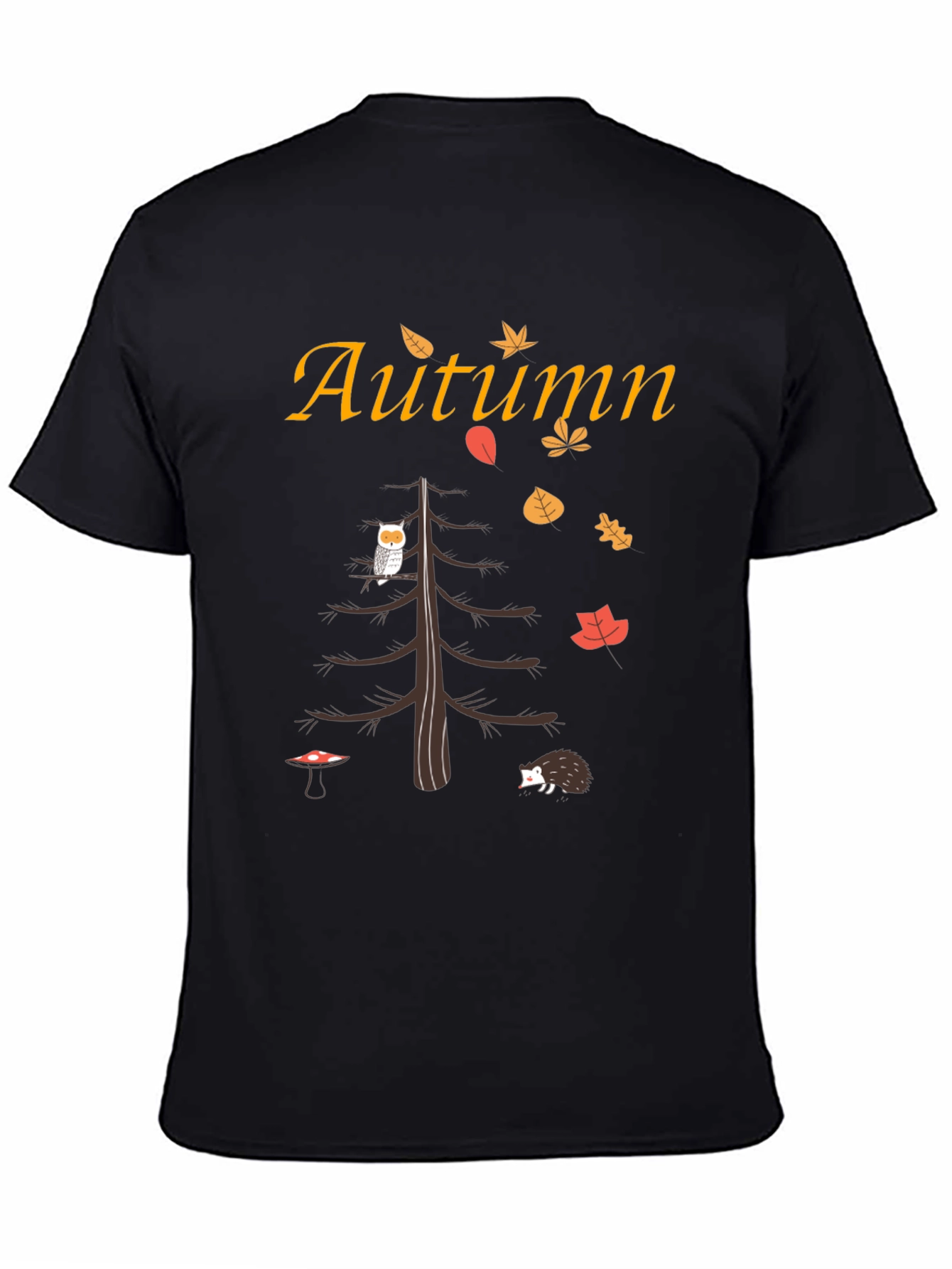 Autumn-Themed Graphic Tee: Owl Hedgehog and Fall Leaves