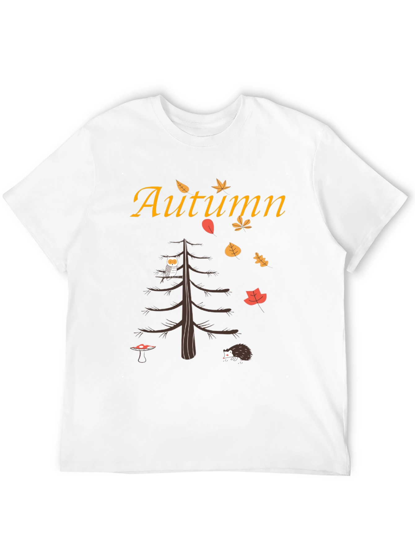 Autumn-Themed Graphic Tee: Owl Hedgehog and Fall Leaves