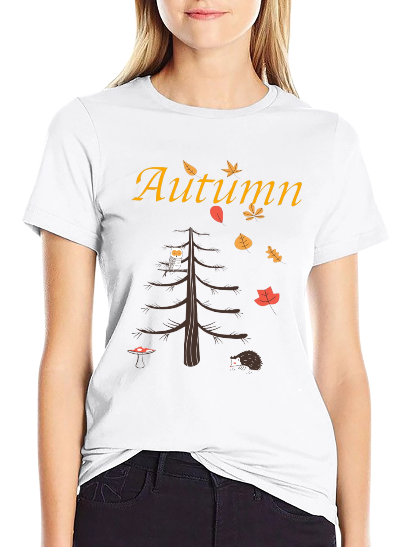 Autumn-Themed Graphic Tee: Owl Hedgehog and Fall Leaves