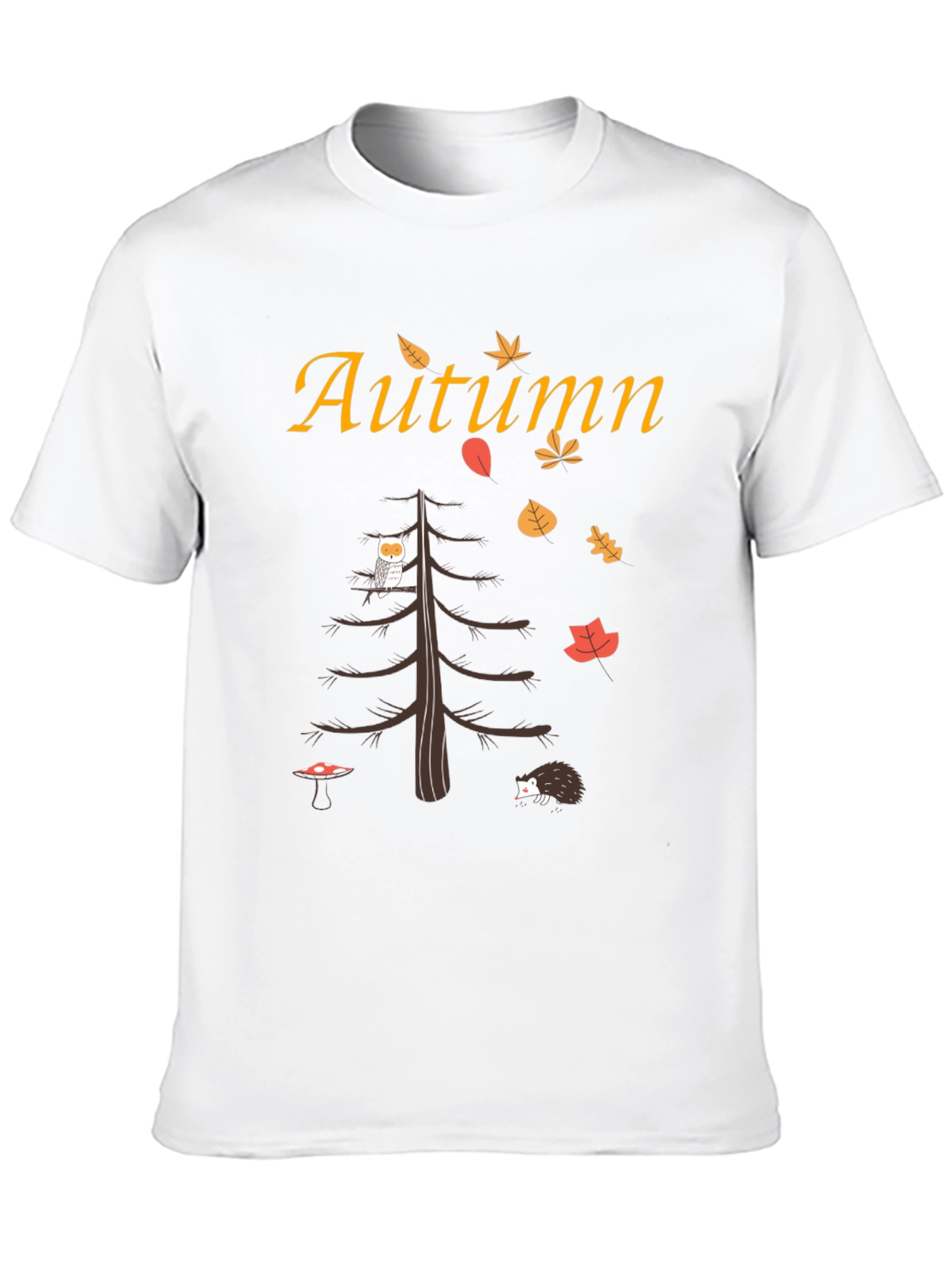 Autumn-Themed Graphic Tee: Owl Hedgehog and Fall Leaves