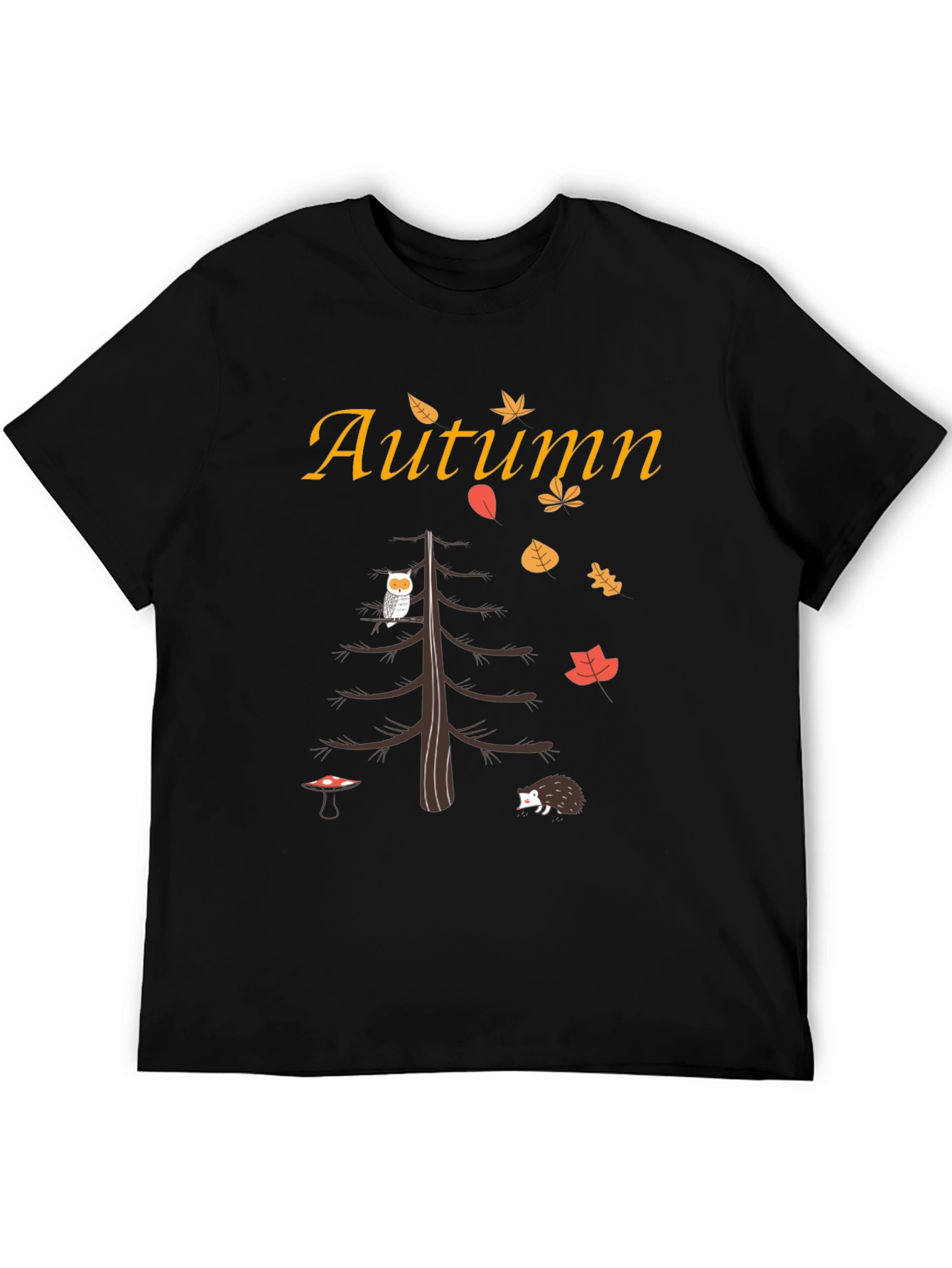 Autumn-Themed Graphic Tee: Owl Hedgehog and Fall Leaves