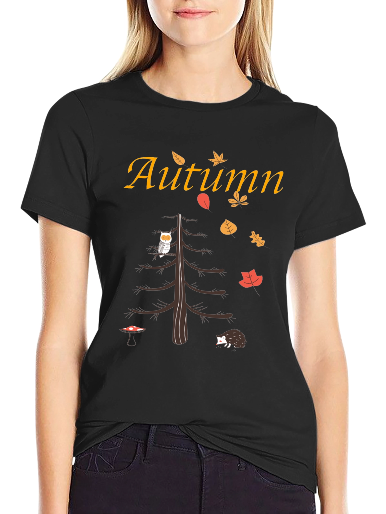 Autumn-Themed Graphic Tee: Owl Hedgehog and Fall Leaves