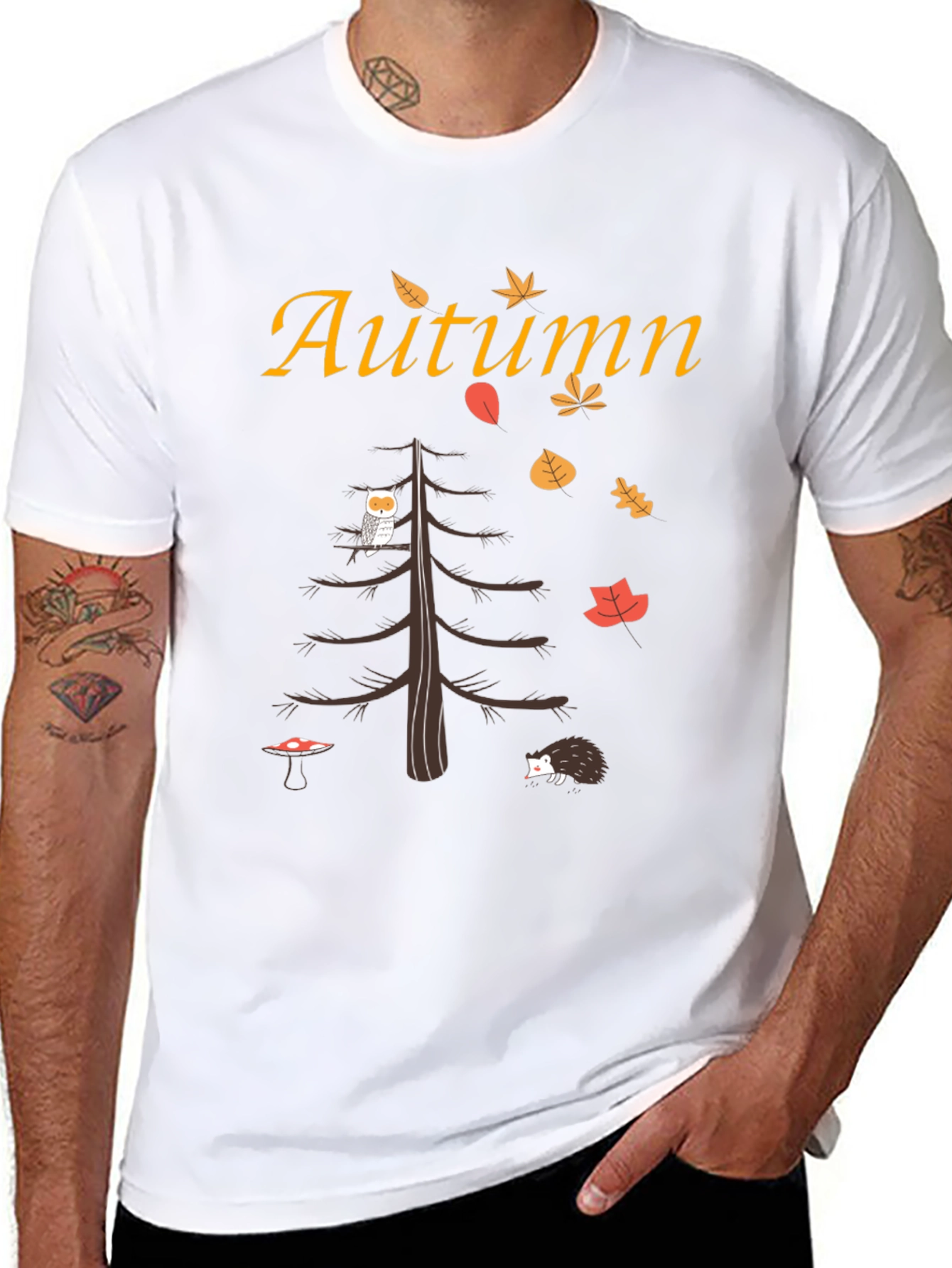 Autumn-Themed Graphic Tee: Owl Hedgehog and Fall Leaves