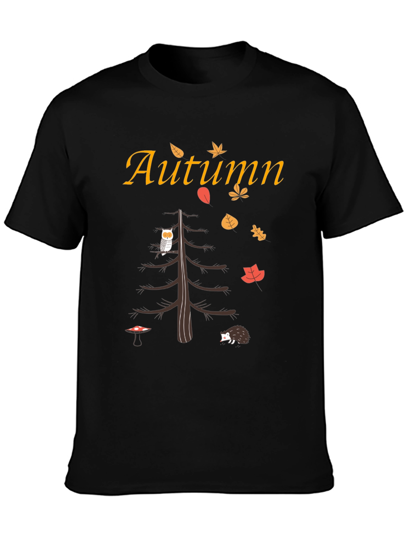 Autumn-Themed Graphic Tee: Owl Hedgehog and Fall Leaves